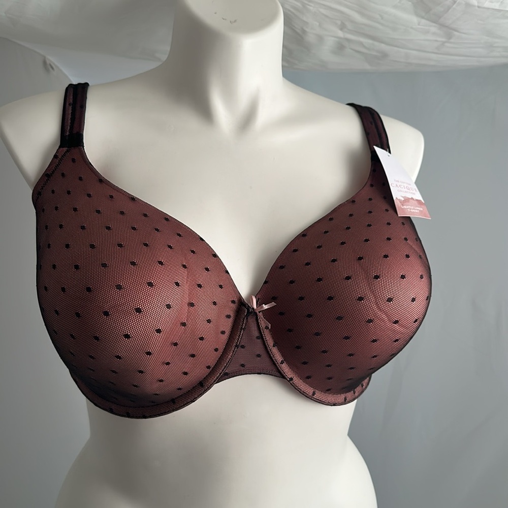 Cacique Lightly Lined T-shirt pink black Swiss dot mesh overlay underwire bra